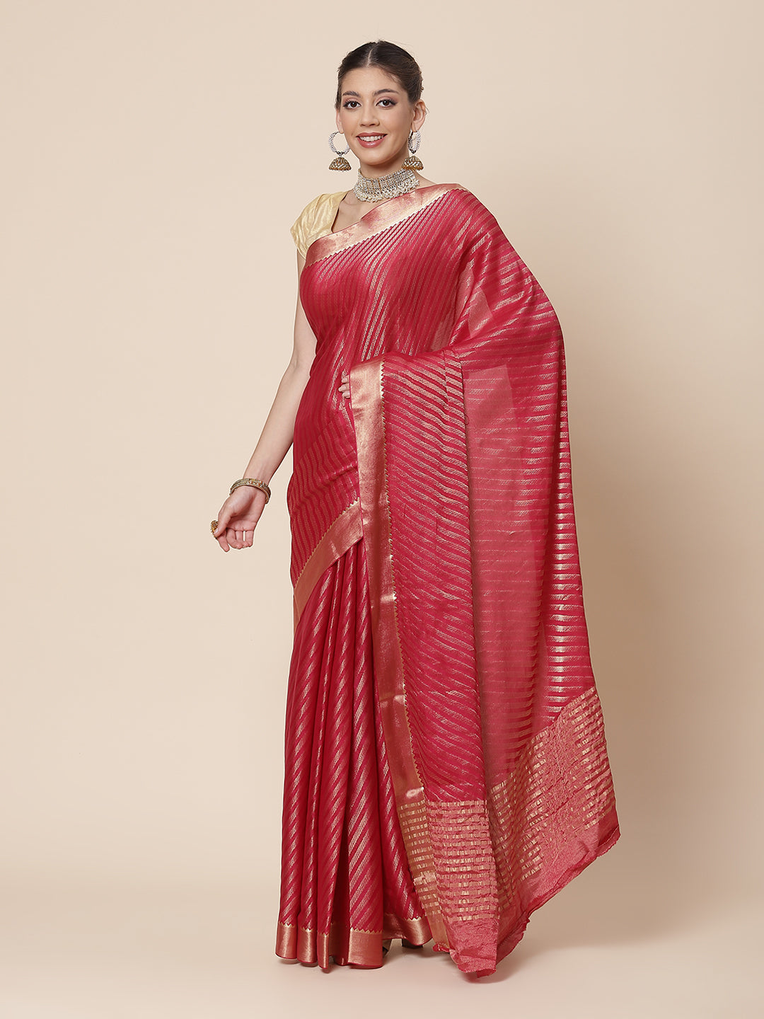 Striped Brocade Georgette Plain Saree