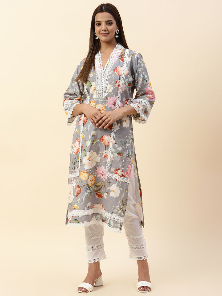 Floral Printed Cotton Kurta With Pants