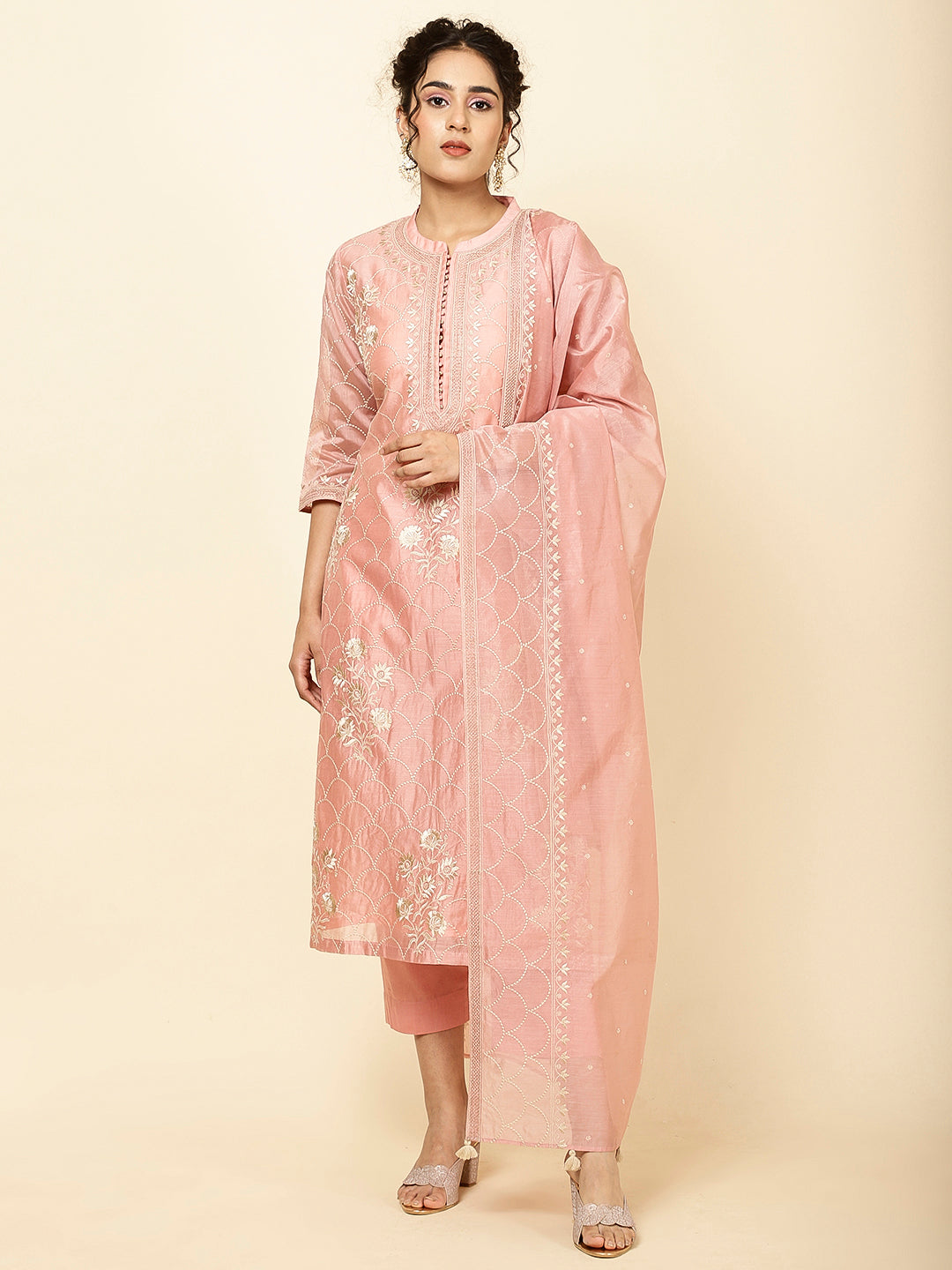 Embroidered Chanderi Kurta With Pants &amp; Dupatta