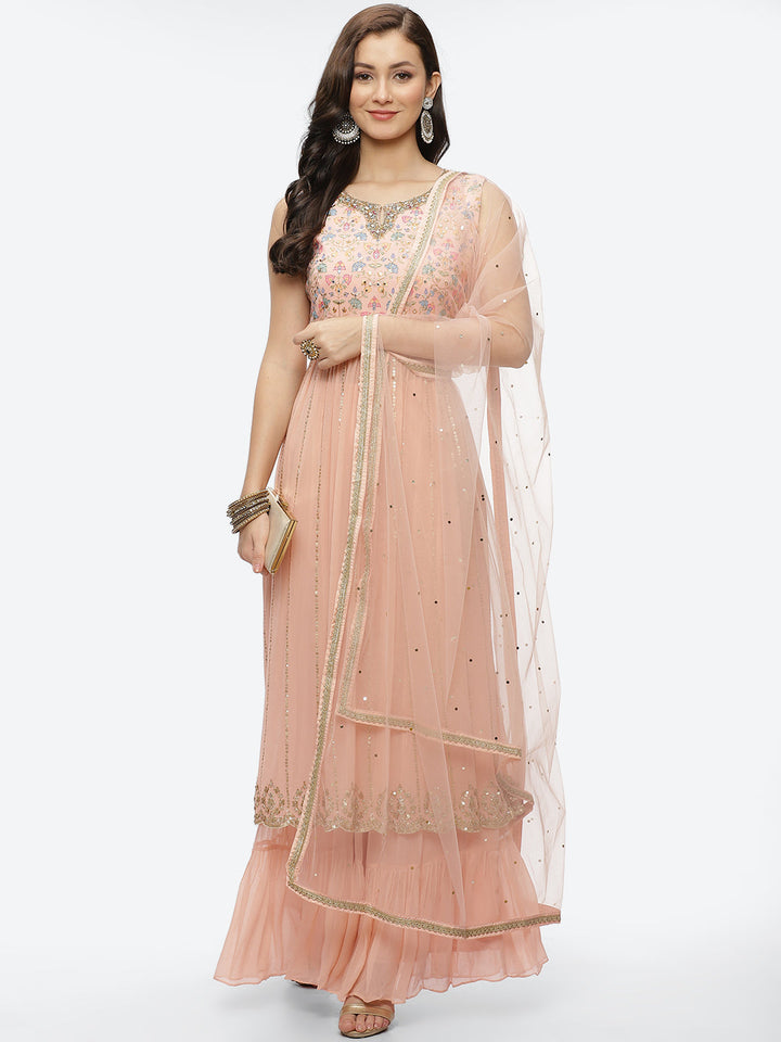Zari Embroidered Georgette Kurta With Palazzo &amp; Dupatta