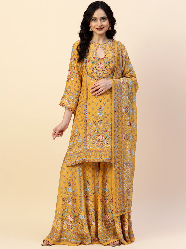 Digital Printed Crepe Kurta With Sharara &amp; Dupatta