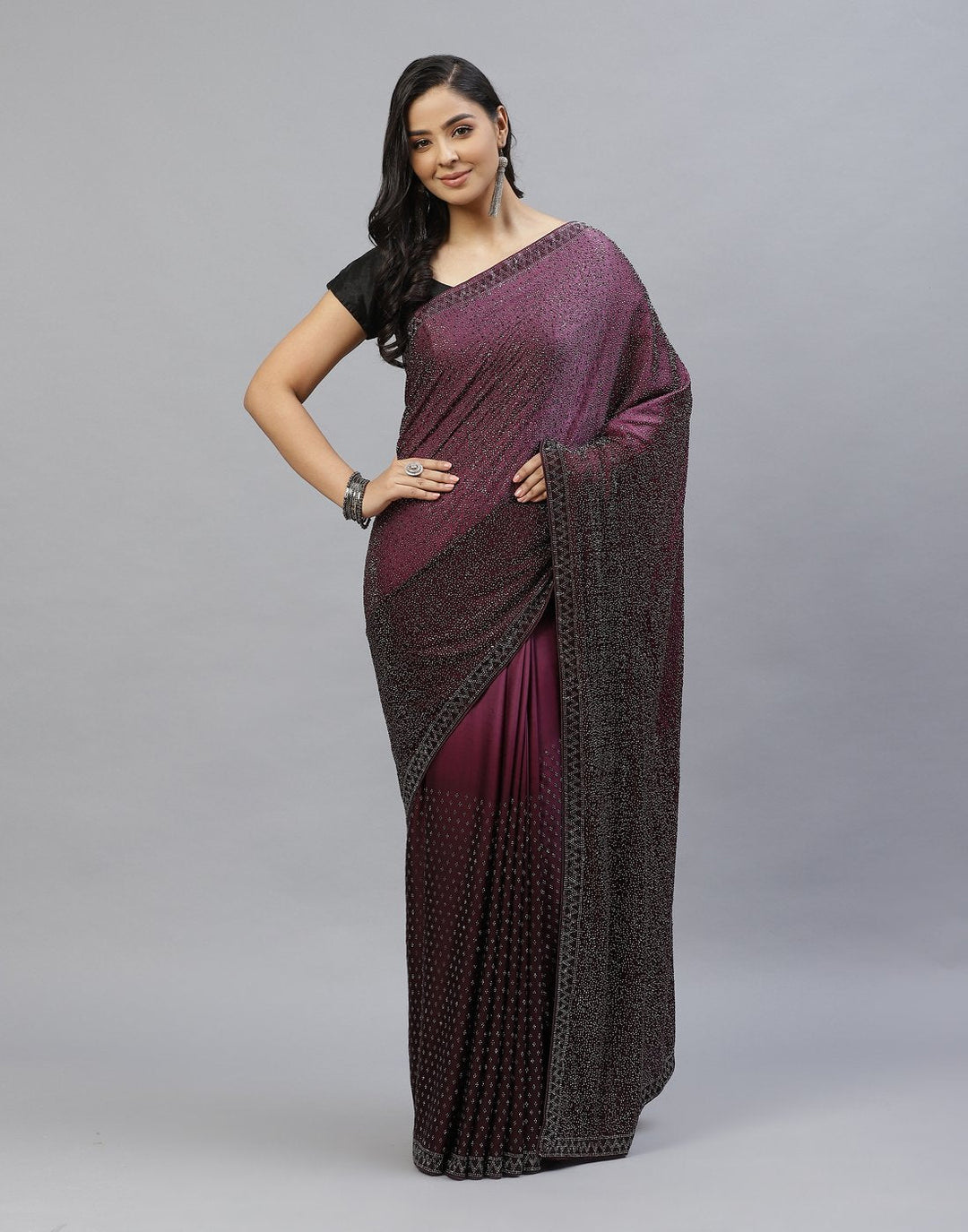 Embroidered Satin Stone Work Saree