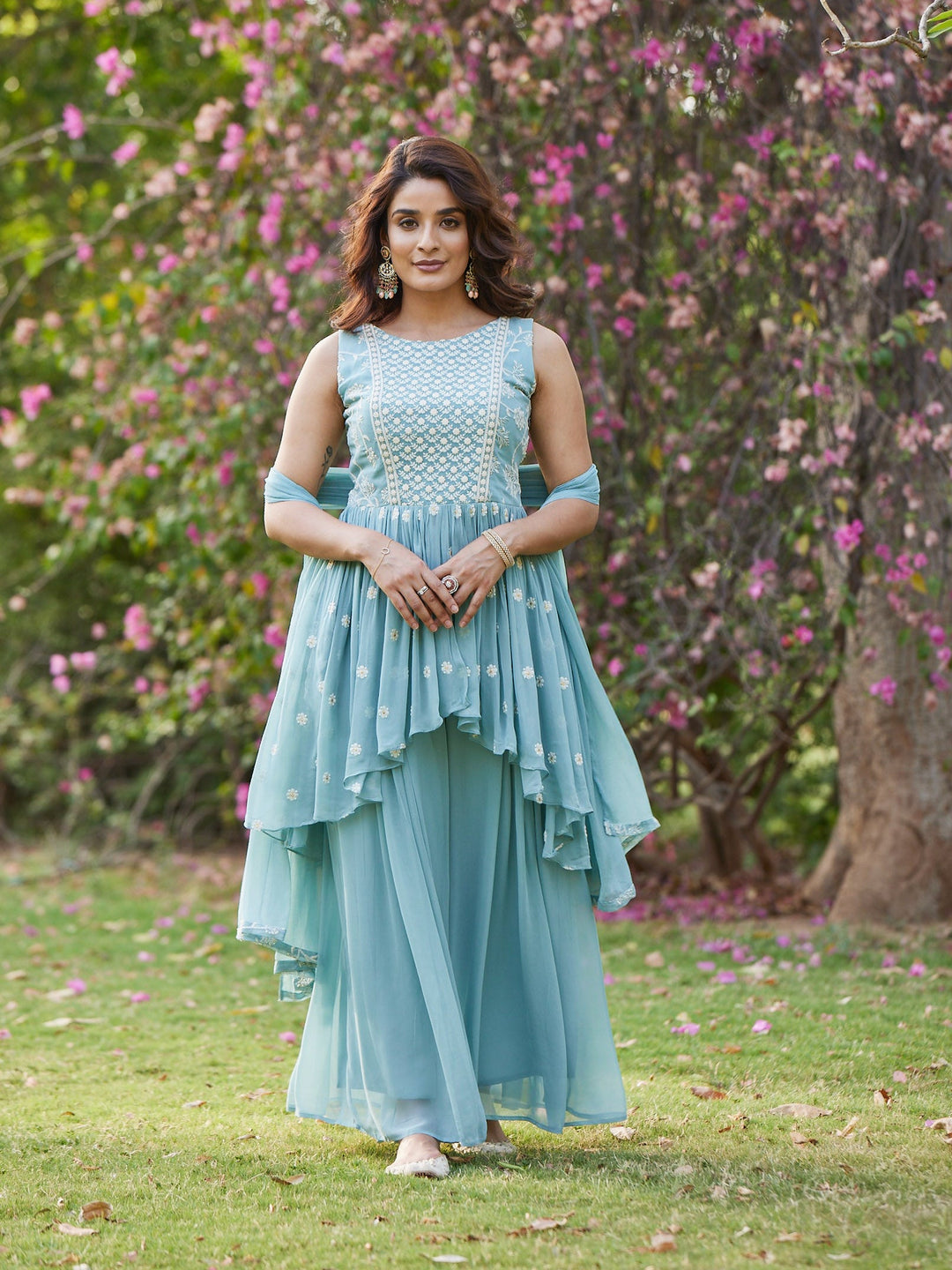 Resham Booti Embroidered Gerorgette Kurti With Palazzo &amp; Dupatta