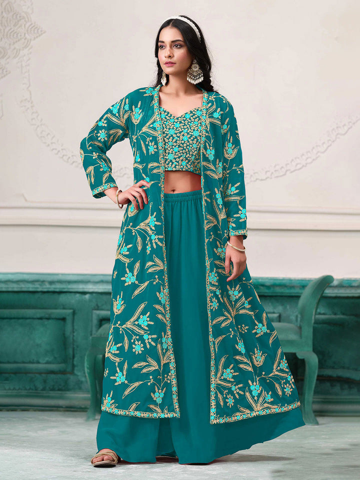 Embroidered Georgette Choli With Plazzo &amp; Jacket