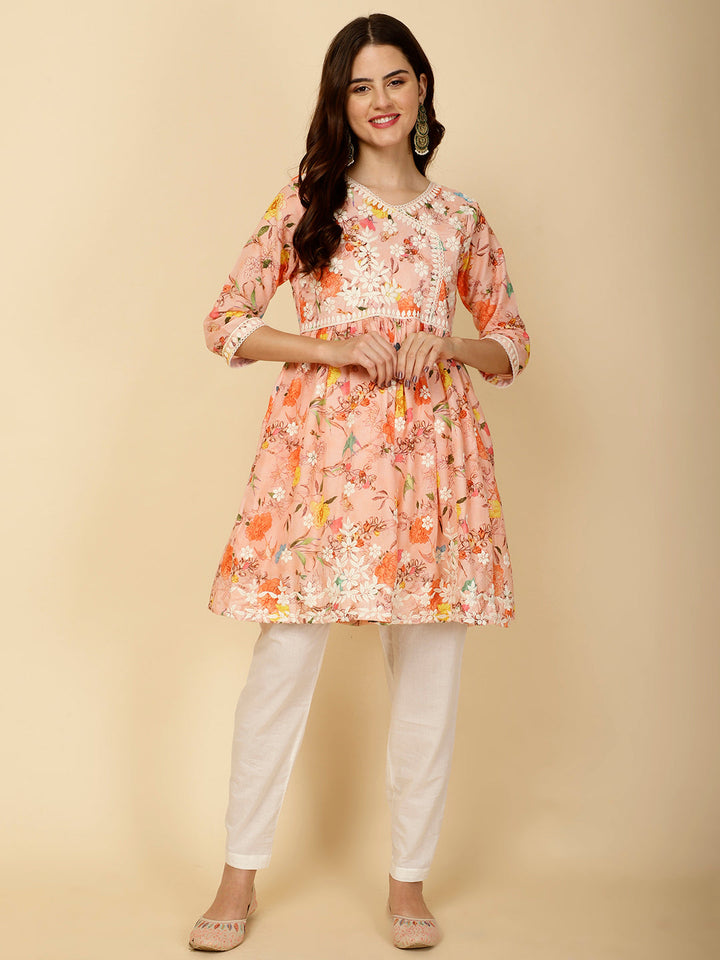 Chikankari &amp; Floral Printed Cotton Kurti
