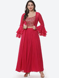 Embroidered Georgette Top With Pleated Palazzo & Jacket
