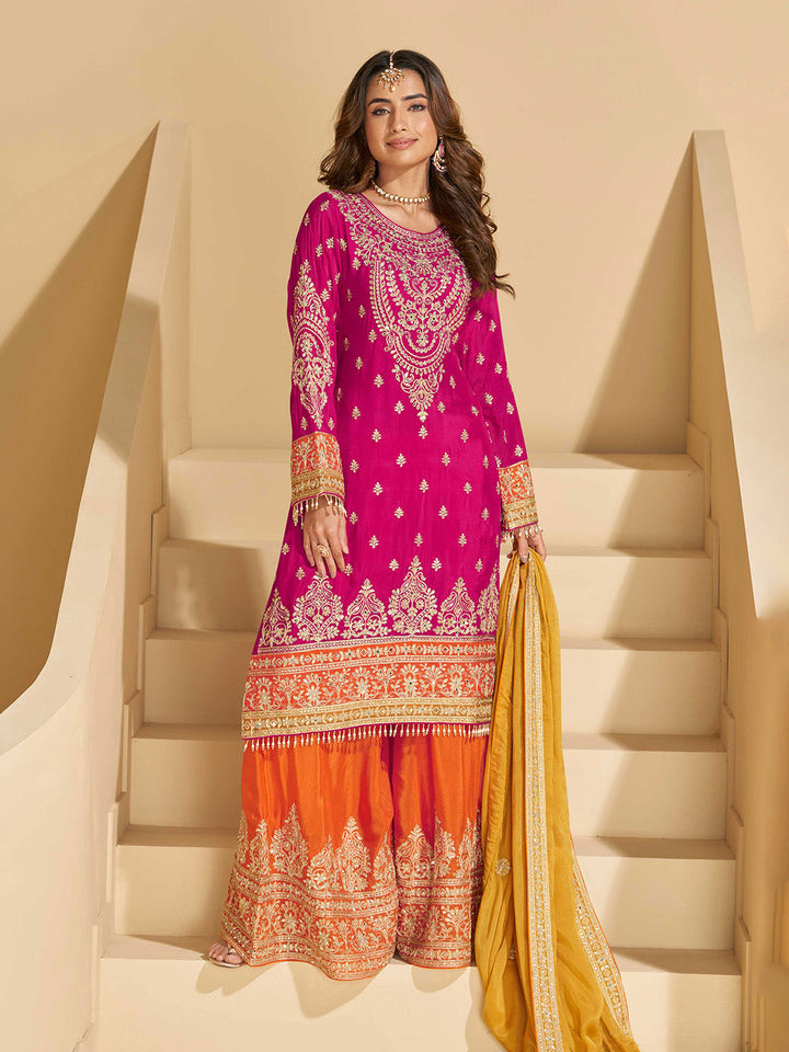 Embroidered Chinon Suit With Pant &amp; Dupatta