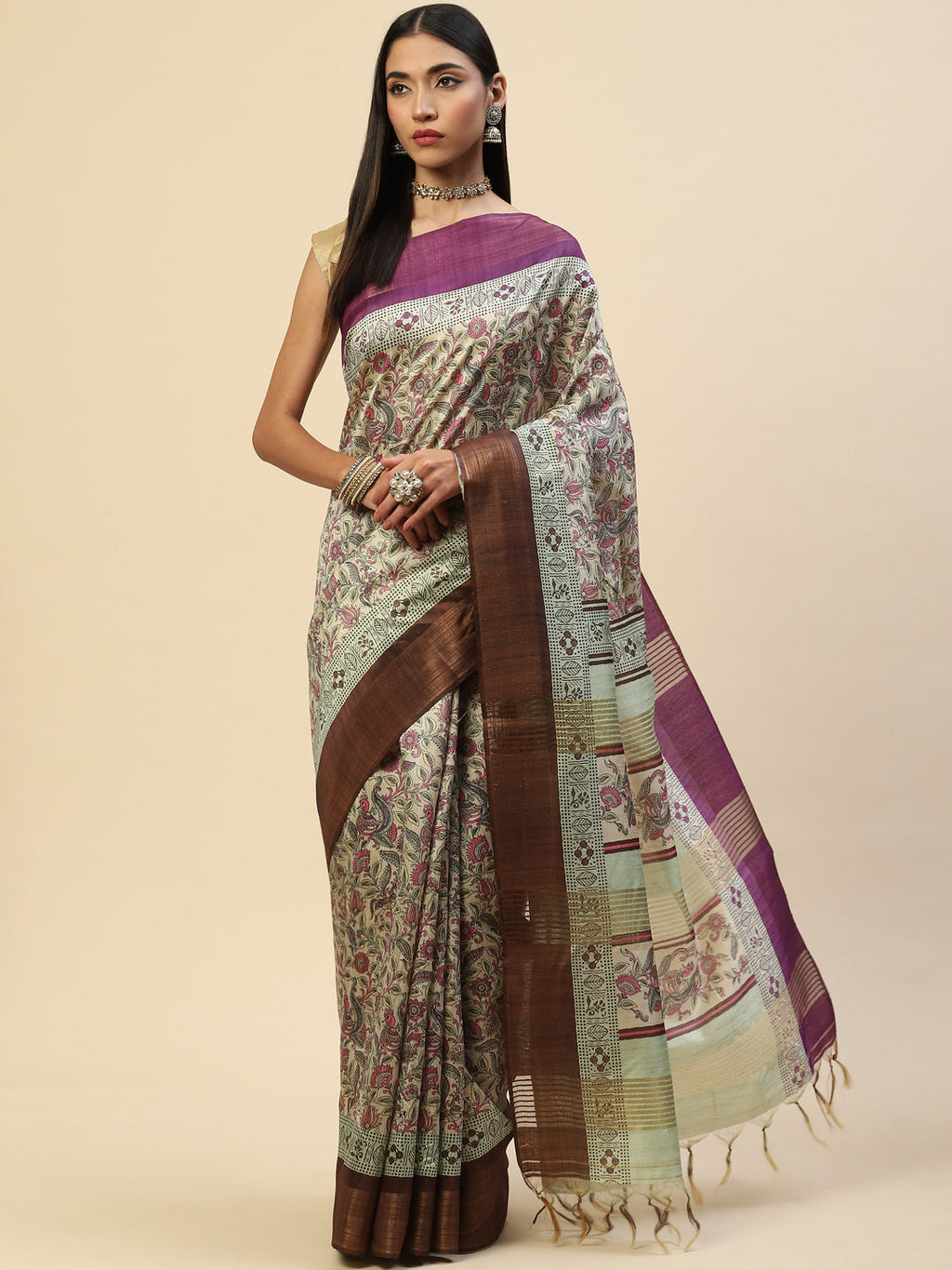Digital Floral Zari Border Tussar Saree