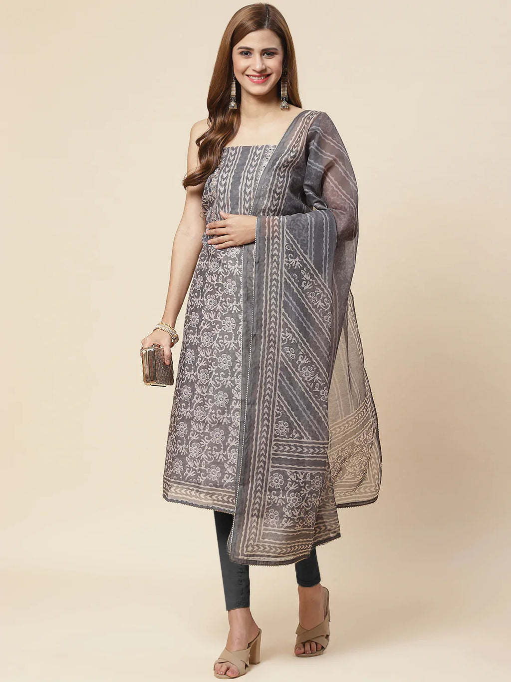 Printed Chanderi Unstitched Suit Piece With Dupatta