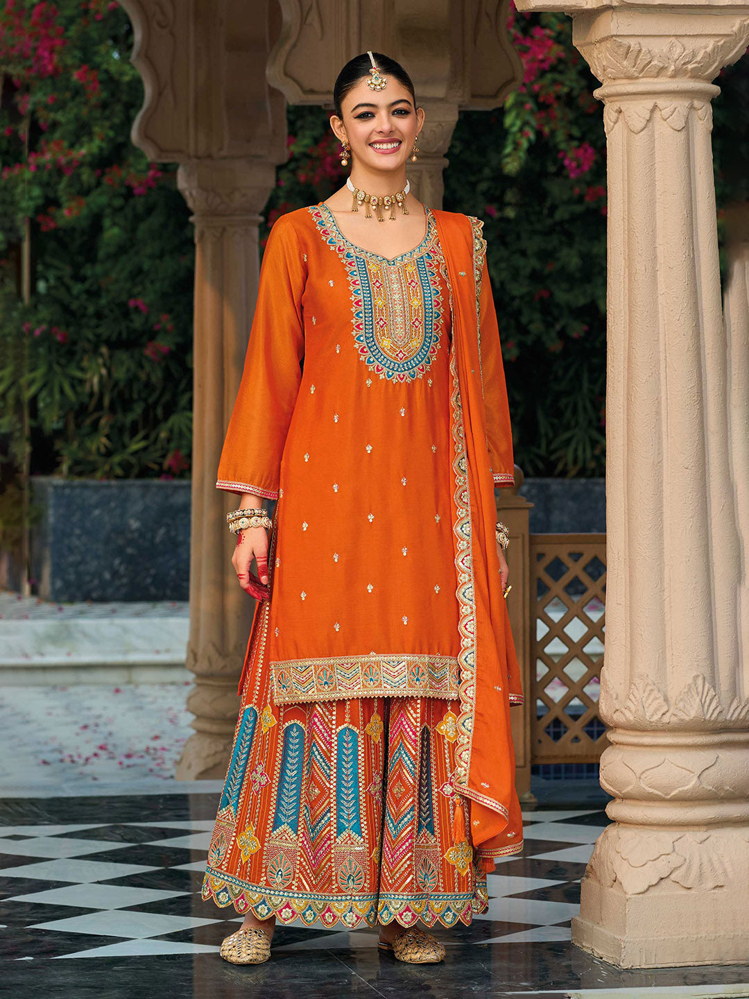 Embroidered Chinon Kurti With Plazzo &amp; Dupatta