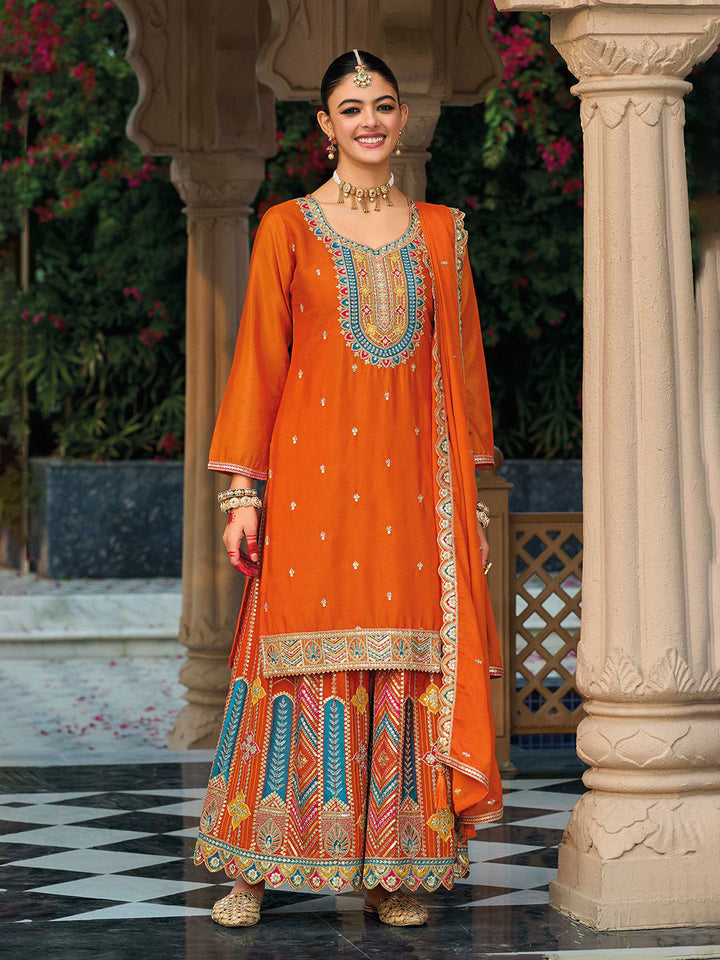 Embroidered Chinon Kurti With Plazzo &amp; Dupatta