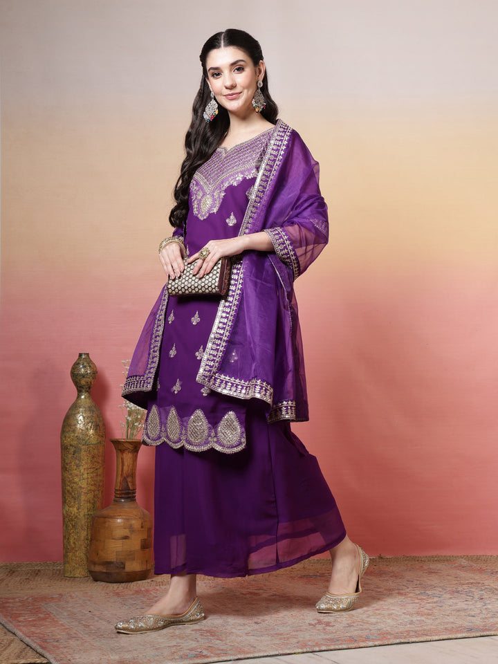 Embroidered Georgette Kurta With Sharara &amp; Dupatta