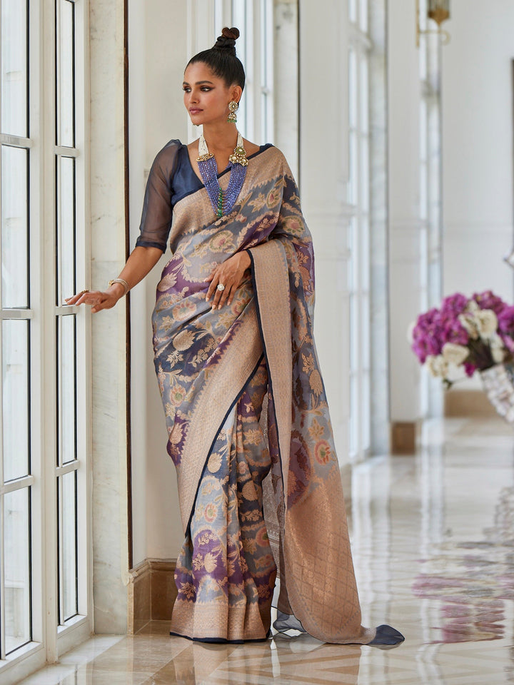 Floral Jaal Organza Plain Saree