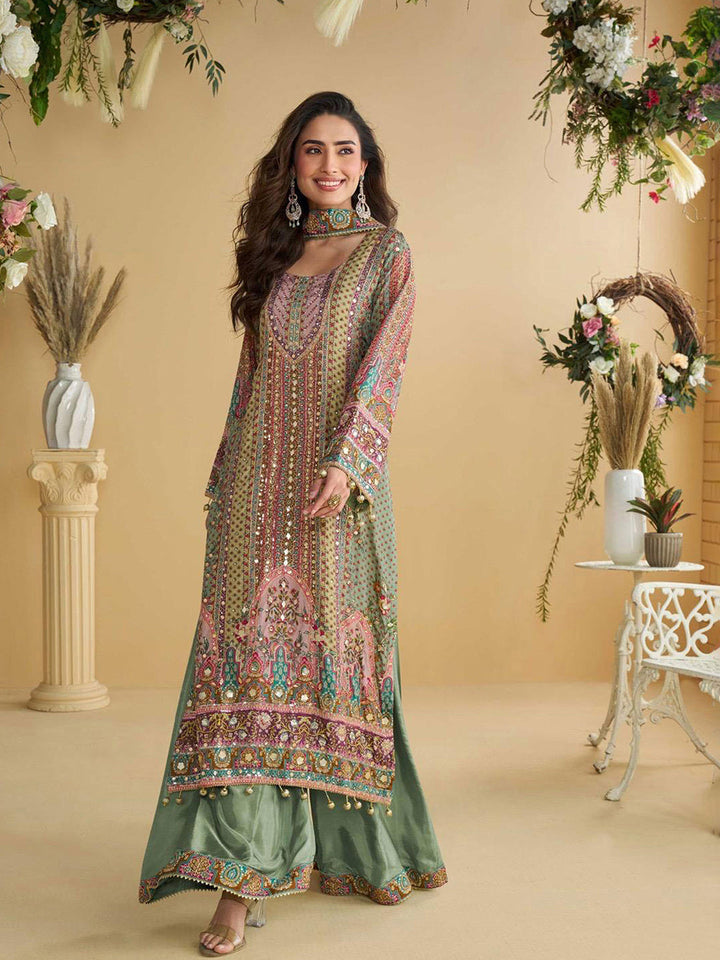Embroidered Crepe Kurta With Sharara &amp; Dupatta
