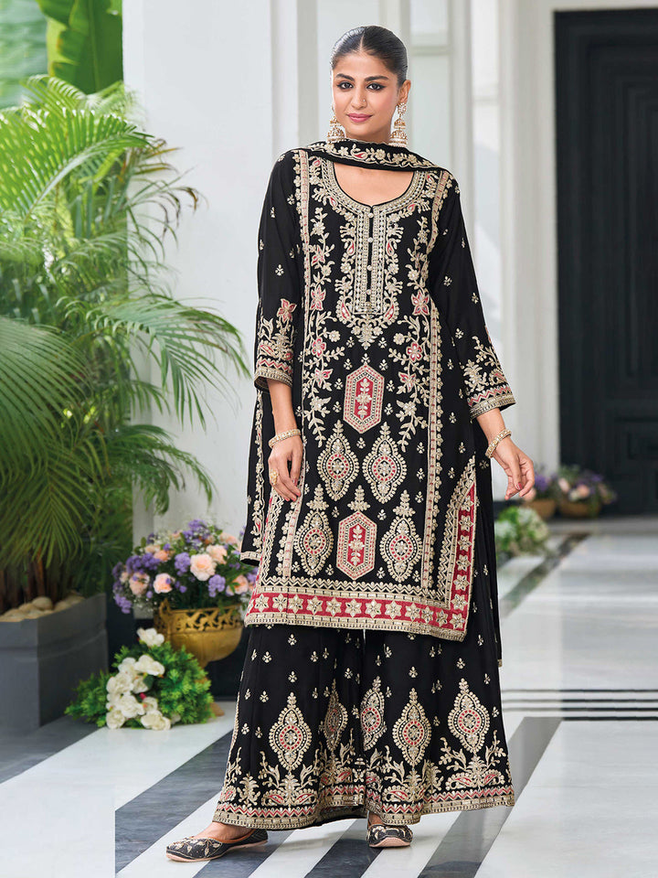 Embroidered Chinon Kurta With Plazzo &amp; Dupatta