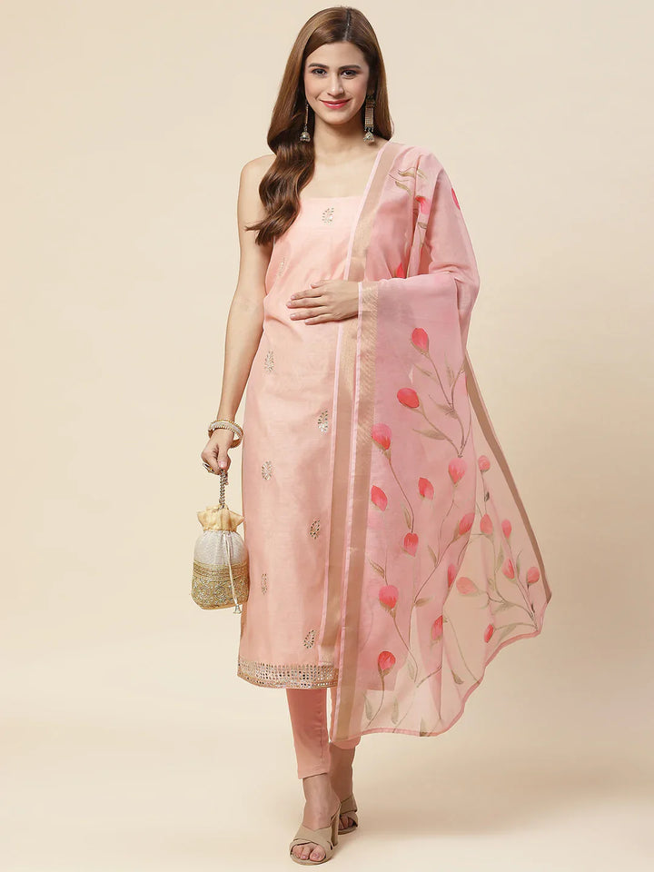 Embroidered Chanderi Unstitched Suit Piece With Floral Dupatta