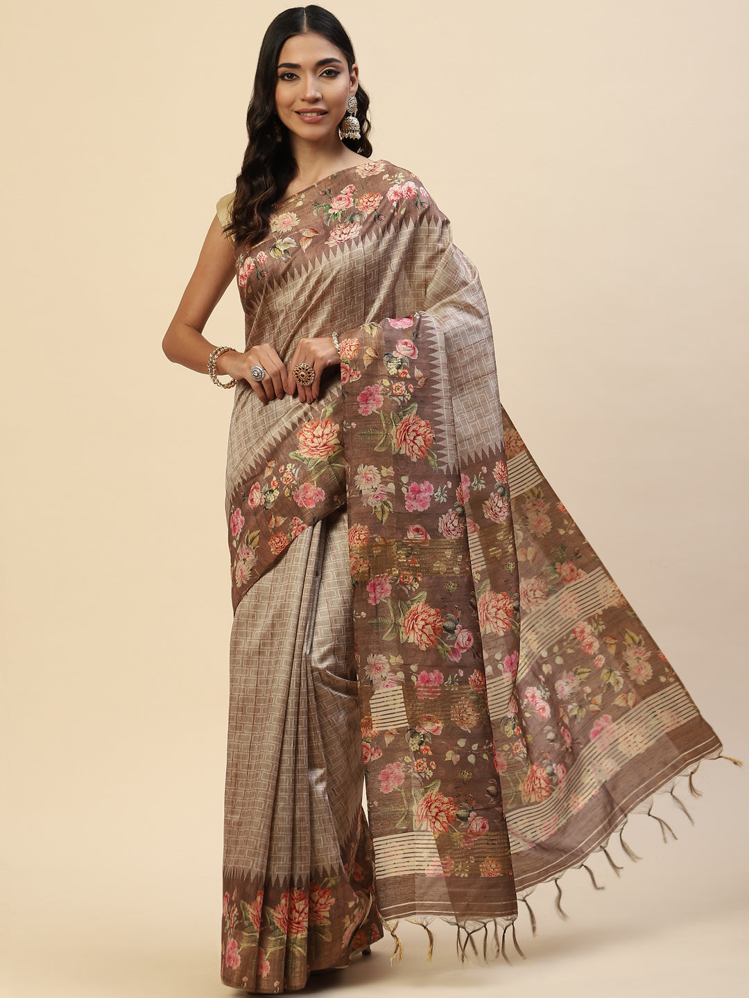 Digital Floral Zari Border Tussar Saree