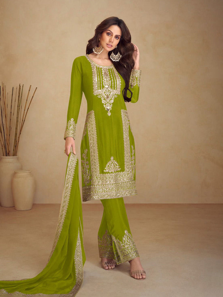 Embroidered Chinon Kurta With Pant &amp; Dupatta