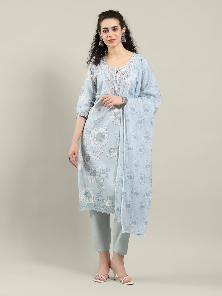 Printed Cotton Blend Kurta With Pants &amp; Dupatta