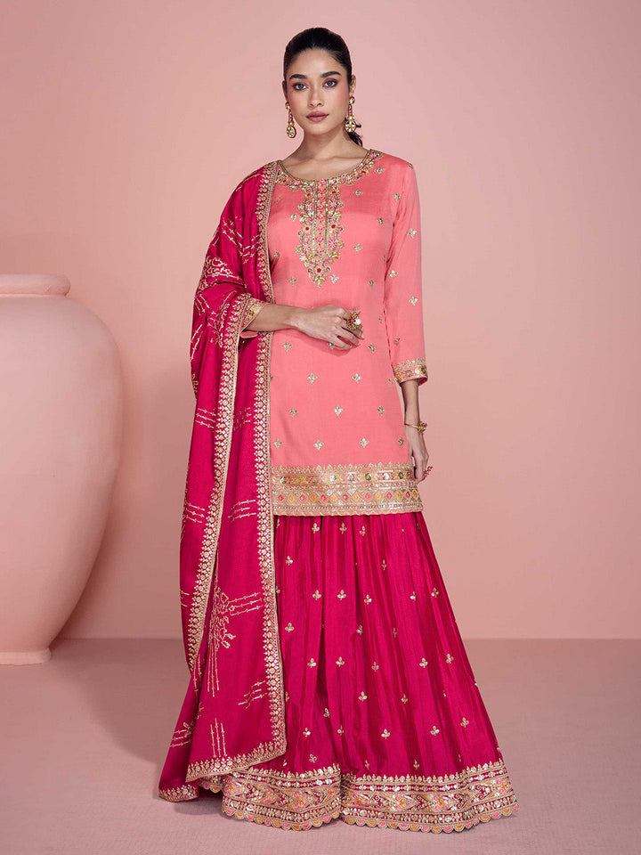 Embroidered Chinon Silk Kurti With Sharara &amp; Dupatta