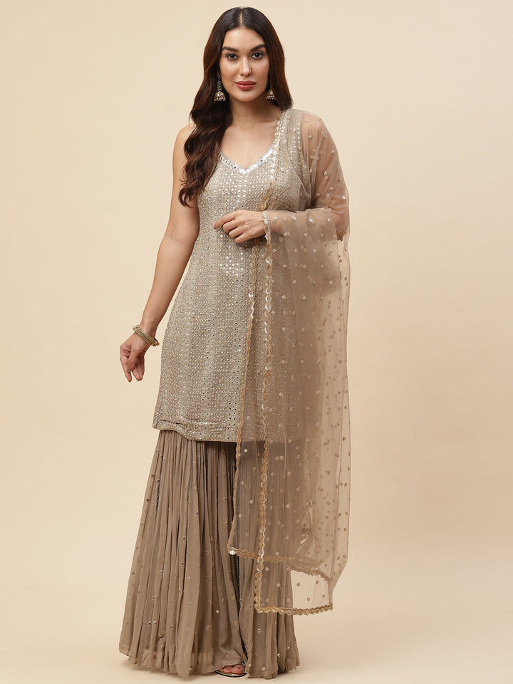 Embroidered Georgette Kurta With Garara &amp; Net Dupatta