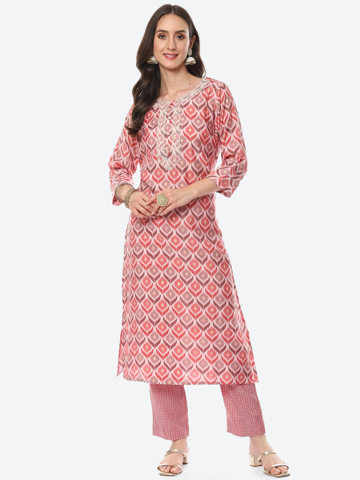 Printed Neck Embroidered Patti Chanderi Kurta With Pant