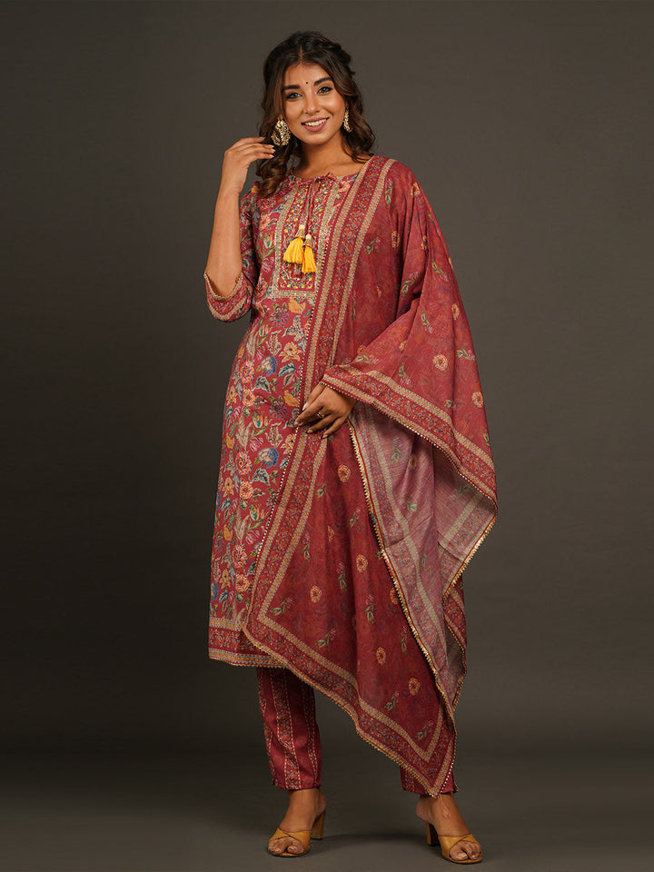 Floral Printed Muslin Kurta With Pants &amp; Dupatta