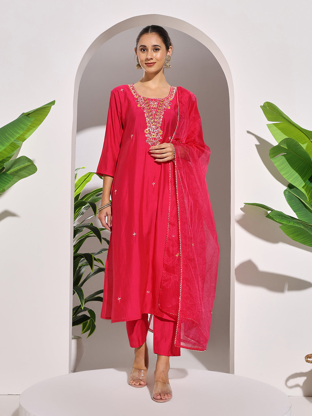 Embroidered Muslin Kurta With Pants &amp; Dupatta