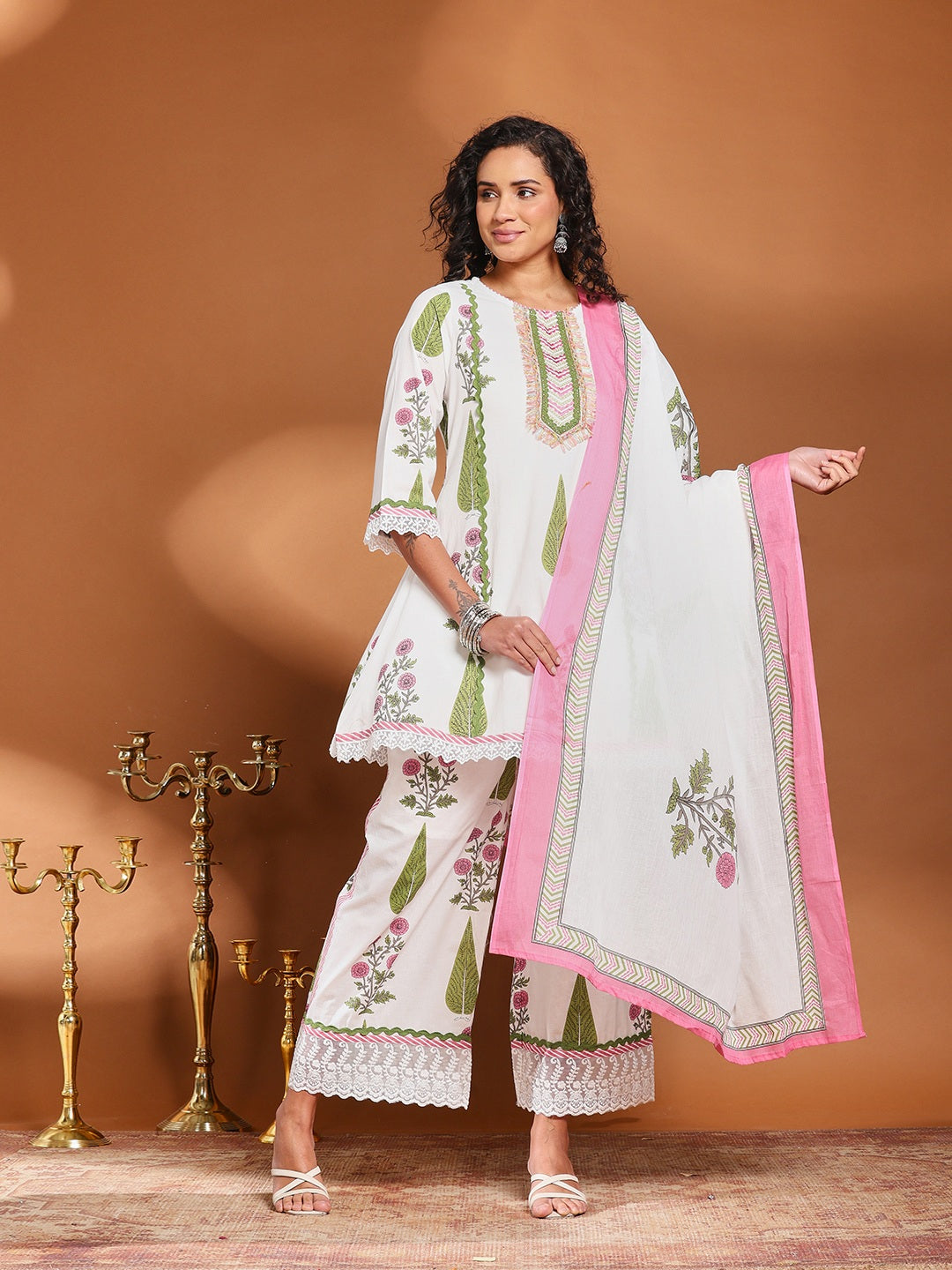 Printed Cotton Blend Kurta With Pant &amp; Dupatta