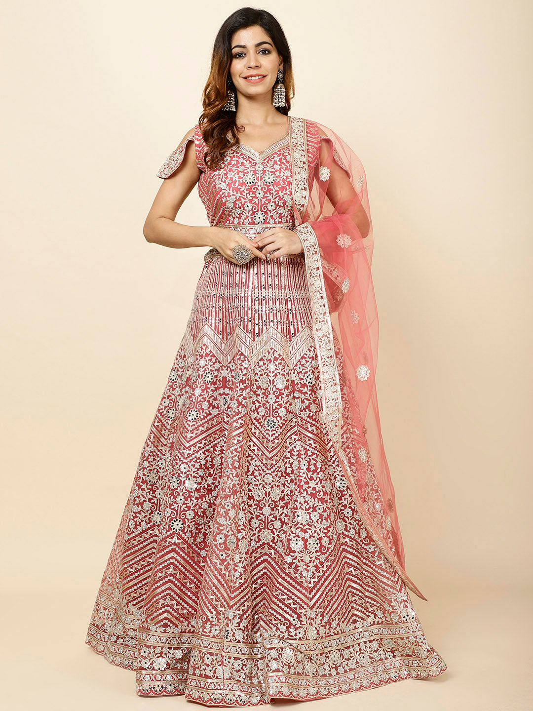 Zari Embroidered Net Choli With Lehenga &amp; Dupatta