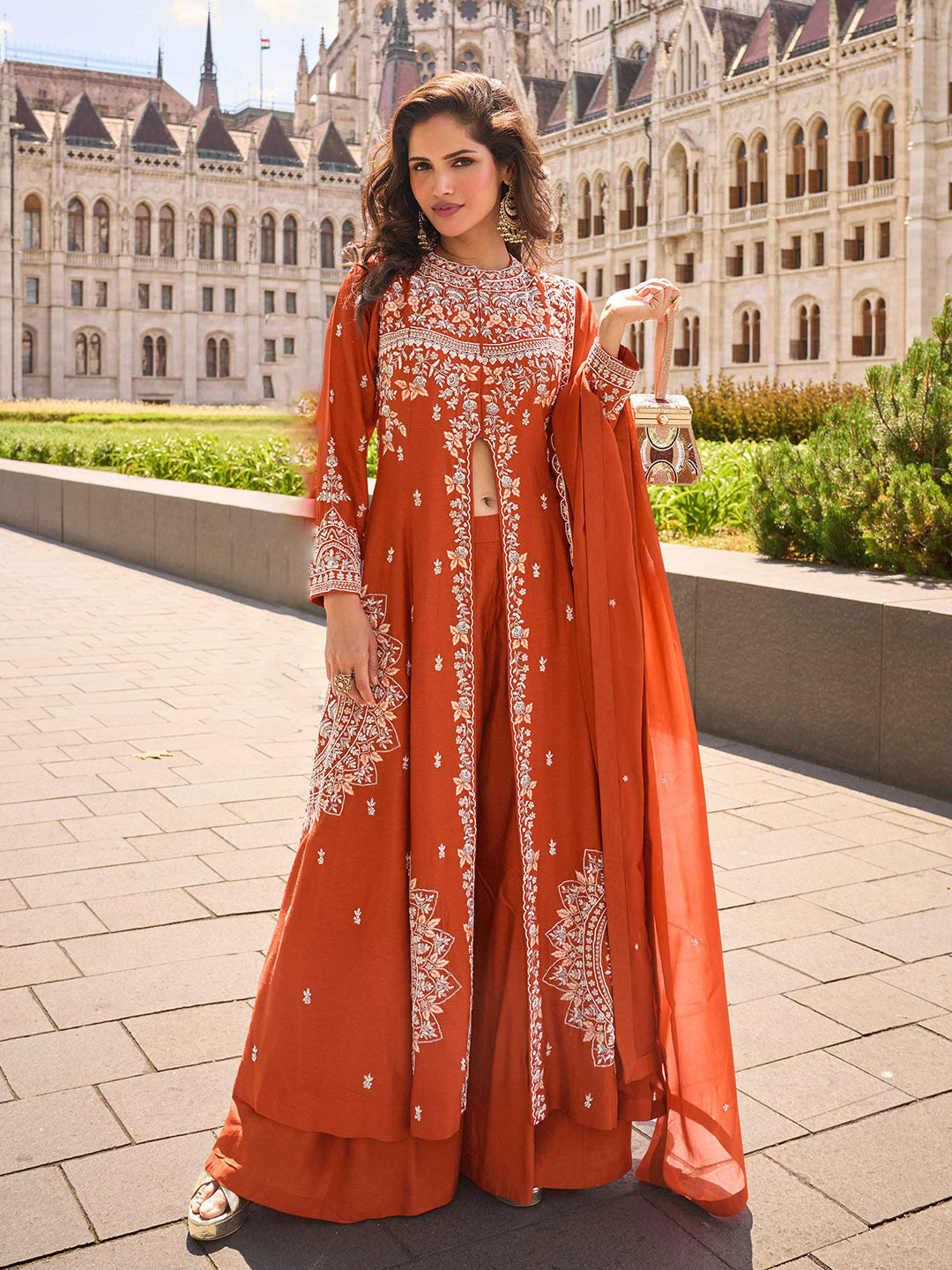 Embroidered Art Silk Suit With Gharara &amp; Dupatta