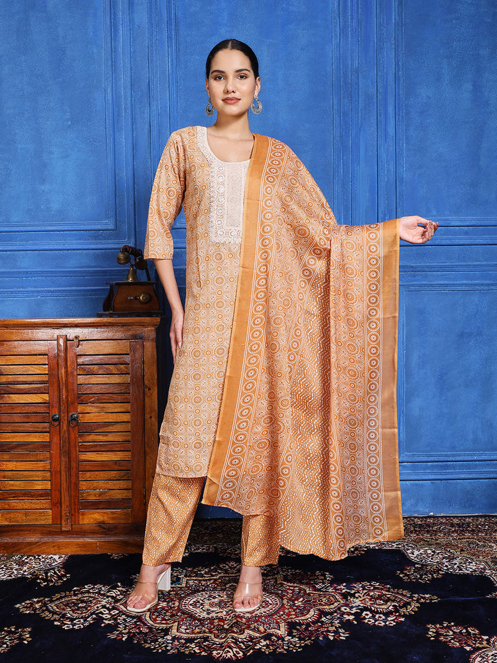 Floral Printed Cotton Kurta With Pants &amp; Dupatta