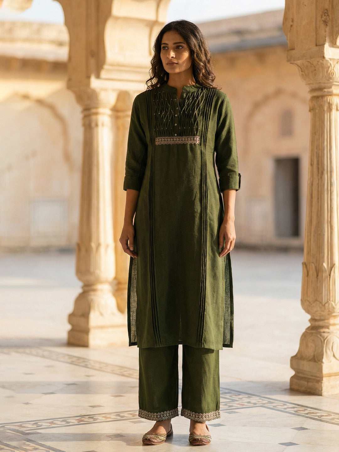 Embroidered Cotton Blend Kurta With Pant