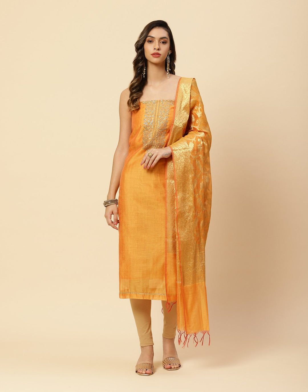 Embroidered Chanderi Suit Piece With Chanderi Banarasi Dupatta
