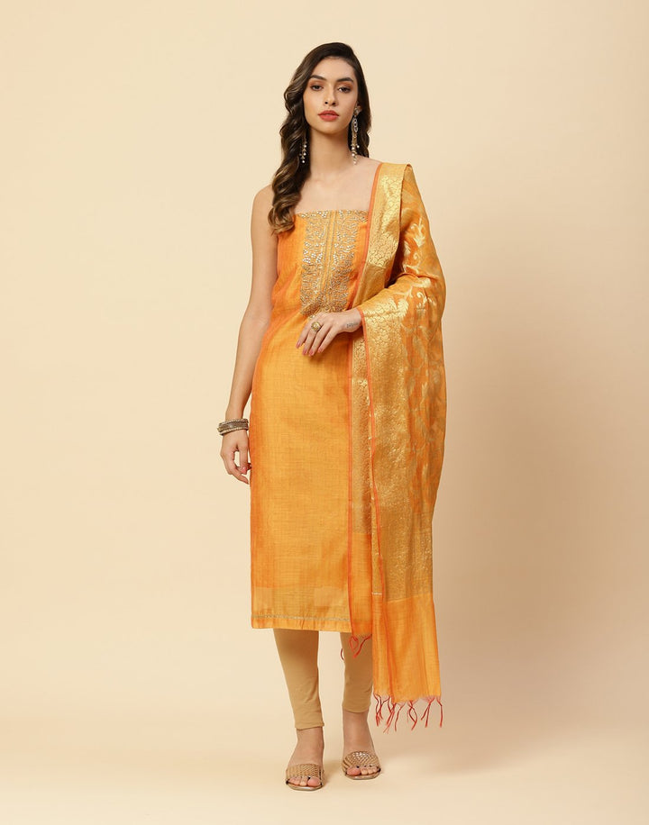 Embroidered Chanderi Suit Piece With Chanderi Banarasi Dupatta