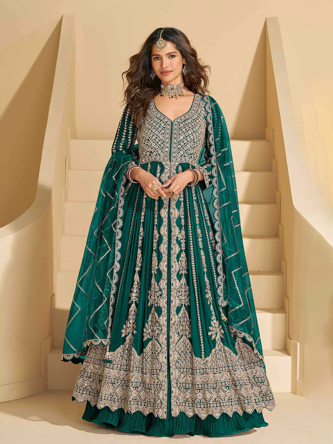 Embroidered Chinon Kurta With Plazzo &amp; Dupatta