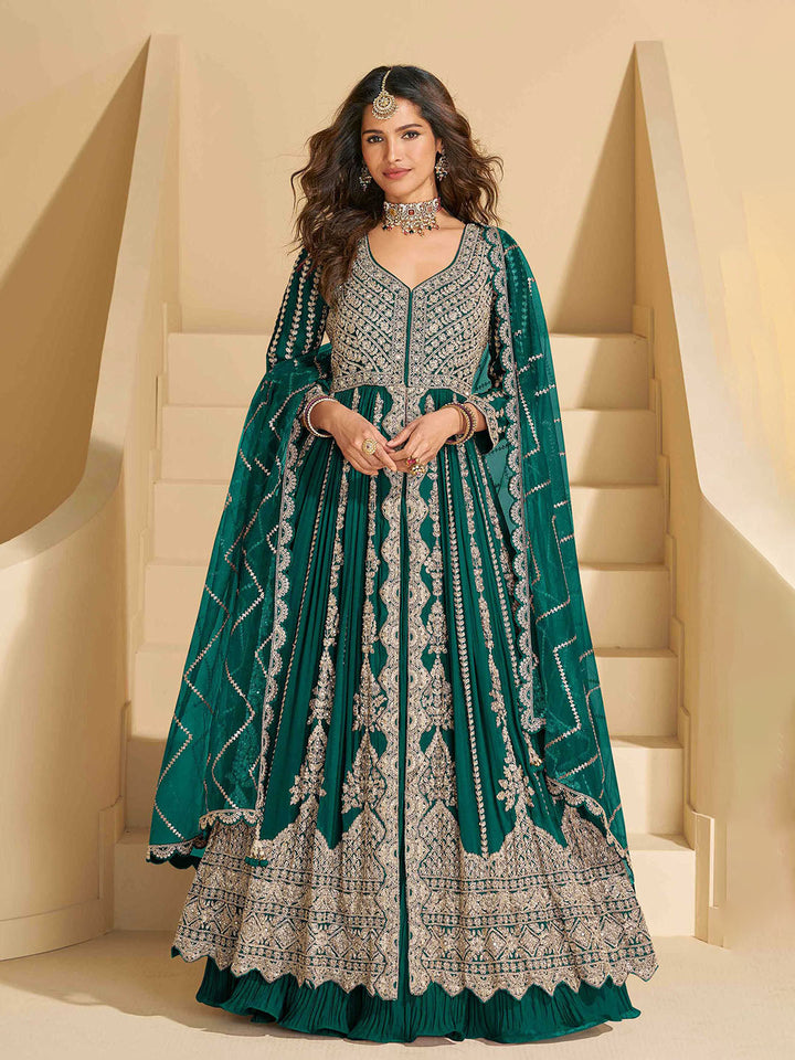 Embroidered Chinon Kurta With Plazzo &amp; Dupatta