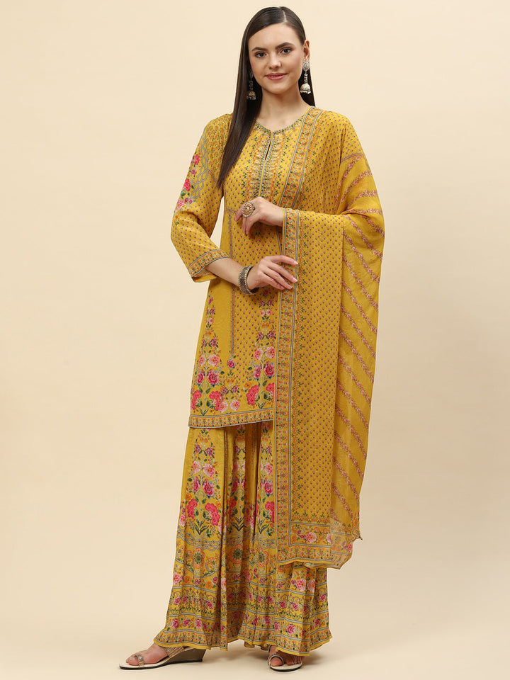 Floral Digital Printed Crepe Kurta With Sharara &amp; Net Dupatta