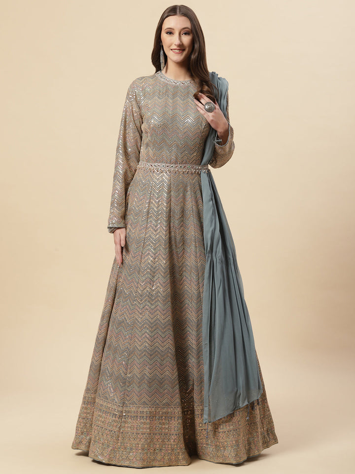 Sequin Embroidered Georgette Anarkali Kurta With Churidar &amp; Dupatta