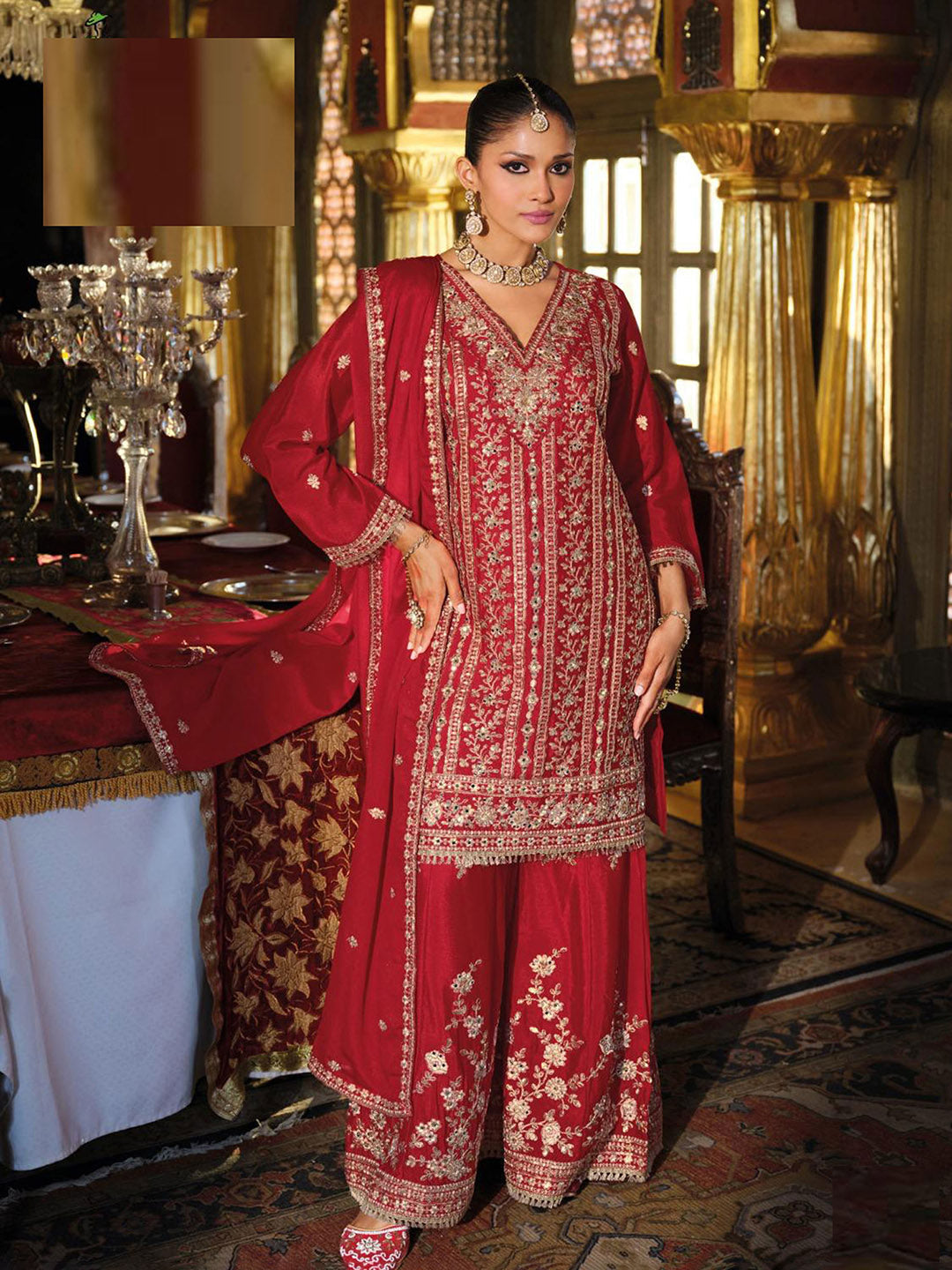 Embroidered Chinon Kurta With Plazzo &amp; Dupatta