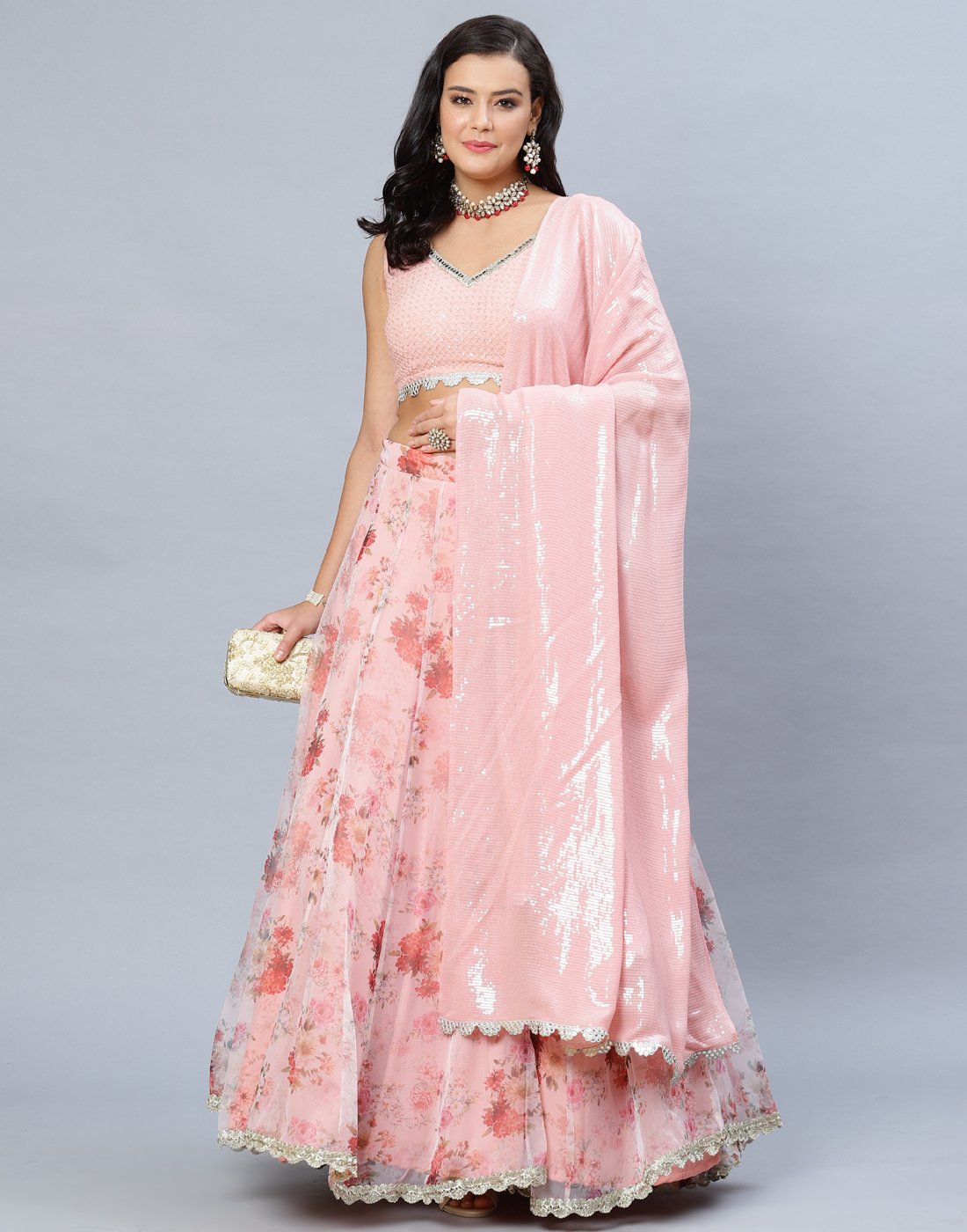 Organza Floral Lehenga With Sequence Dupatta