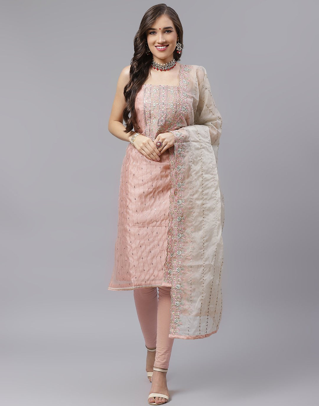 Chanderi Embroidered Suit Piece with fancy dupatta