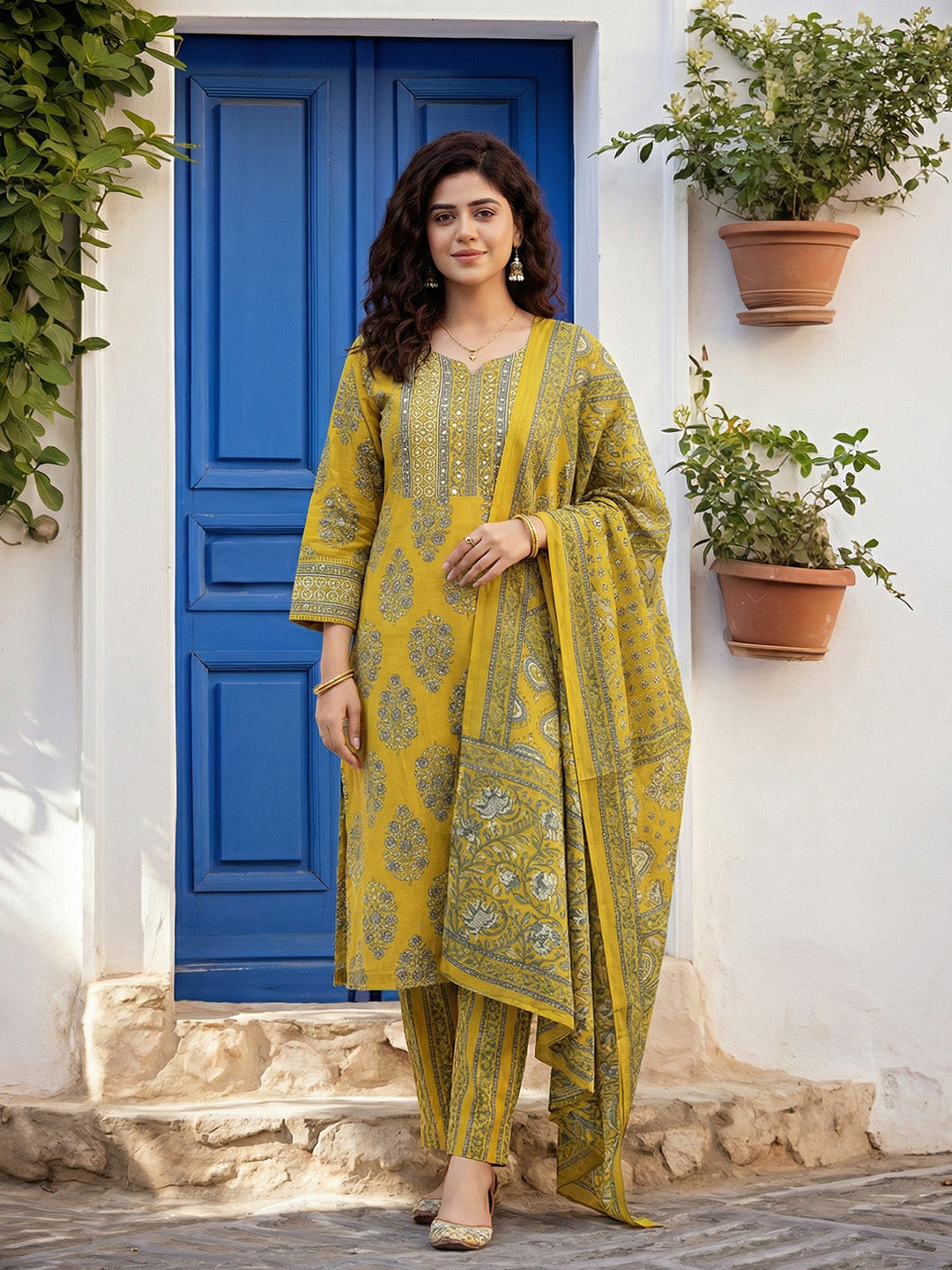 Printed Cotton Kurta With Pant &amp; Dupatta