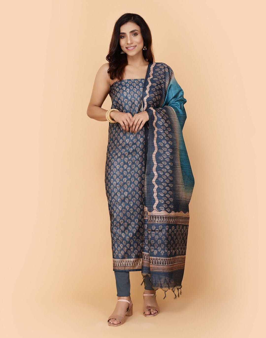 Printed Chanderi Suit Piece With Art Silk Dupatta