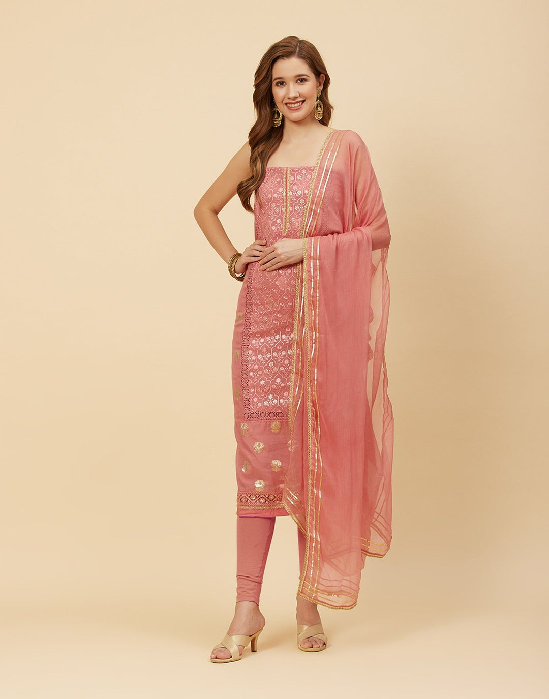 Embroidered Chanderi Suit Piece With Chiffon Dupatta