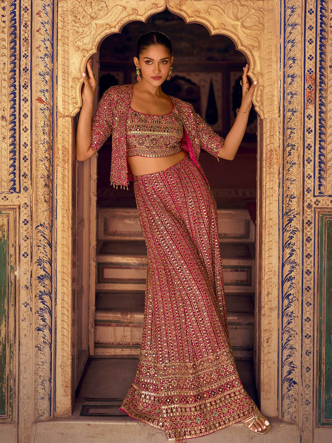 Embroidered Georgette Choli &amp; Gharara With Jacket
