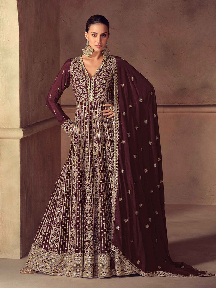 Embroidered Chinon Suit With Pant &amp; Dupatta