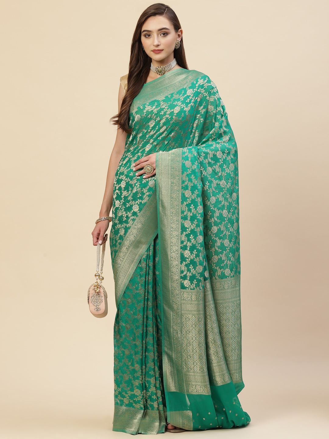 Floral Zari Jaal Georgette Plain Saree