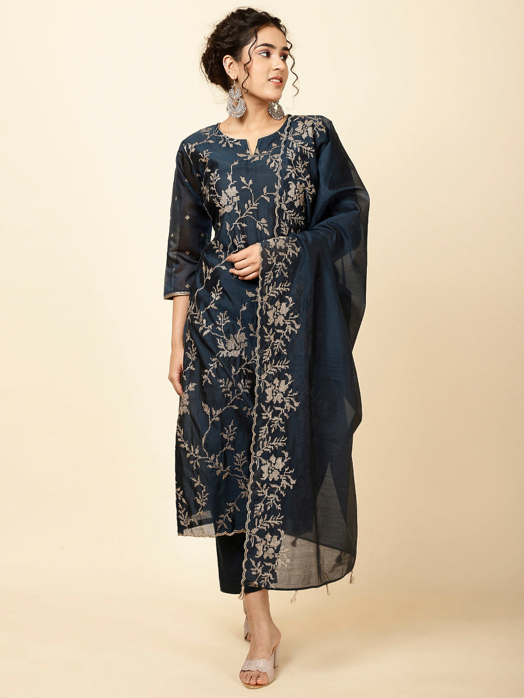 Embroidered Cotton Kurta With Pants & Dupatta
