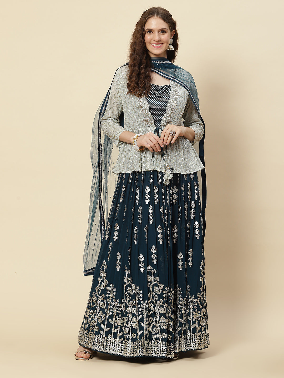 Gota Embroidered Georgette Choli Jacket With Lehenga &amp; Net Dupatta